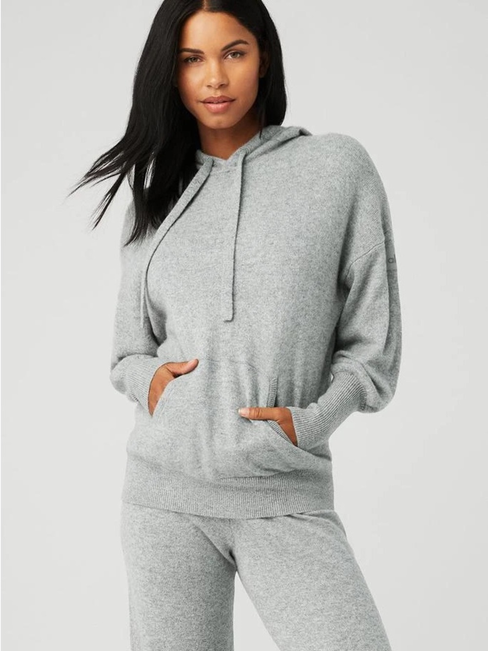 ALO YOGA Cozy Gray Cashmere-Blend Jet Set Hoodie Pullover Sweatshirt S $300 - Picture 2 of 12